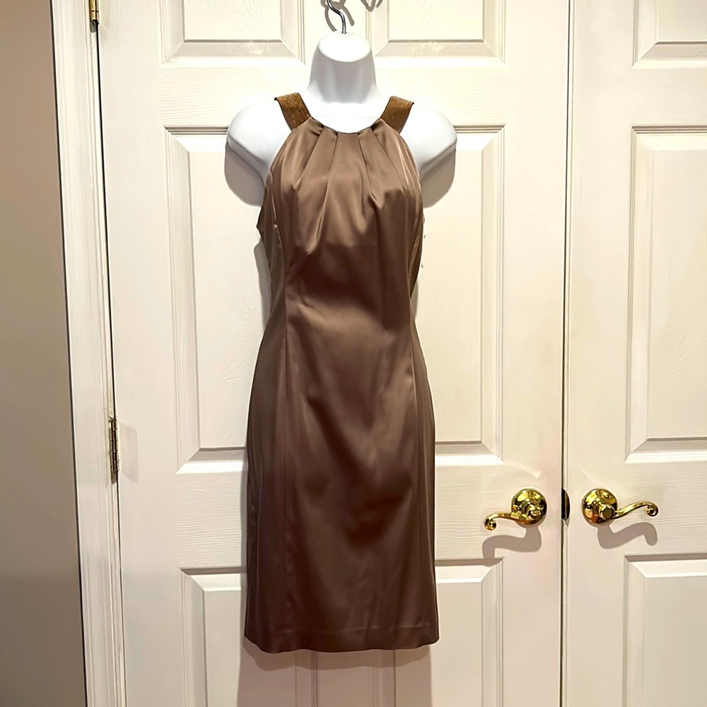 Calvin Klein Gold Sequin Strap Satiny Sleeveless Dressy Dress Sz 6